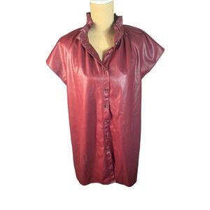 Burgundy Faux Leather Button DownShirt Dress Mandarin Collar Short Sleeve Medium